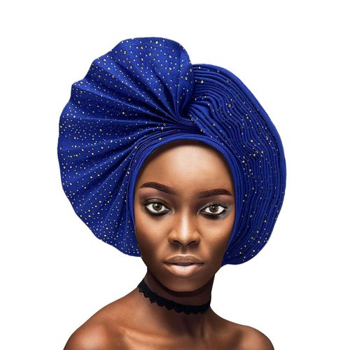 Already Made Nigerian ASO Oke with Stones Women Turban Hat Head Wrap African Auto Gele Headties Fashion Headbands for Wedding (Royal Blue)