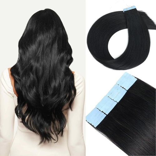 Tape in Hair Extensions Human Hair 100% Remy Hair 20pcs 50g/Pack Straight Seamless Invisible Skin Weft Extensions Easy to Apply and Style (#1 Jet Black, 16 Inch)