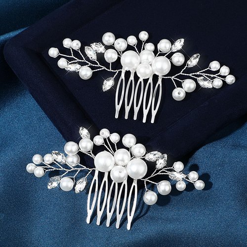 Wedding Bride Pearl Hair Side Comb Rhinestone Hair Clips Pins Headpiece Pearls Flower Hair Side Comb Silver Bridal Side Comb Crystal Hair Pieces Hair Accessories For Brides Bridesmaids Women Girls