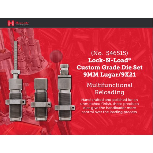 Hornady Custom Grade New Dimension 3-Die Set, 9mm Luger 9x21(.355) (546515) -Caliber Specific Reloading Equipment for Handloaders with Full Length Sizer Die, Seating Die, Sure-Loc Rings, & Storage Box