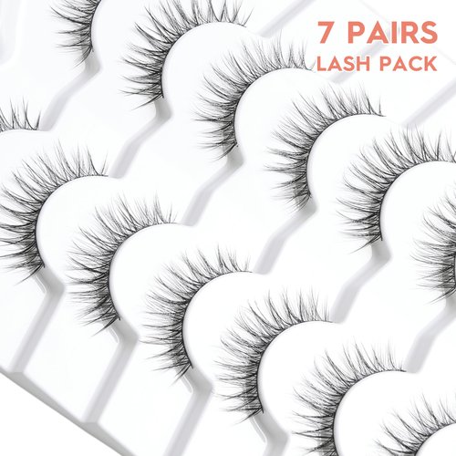 False Eyelashes Natural Look Wispy Lashes 10mm Short Lashes C Curl Strip Lashes 0.1MM Thin Band Lashes Pack Fake Eyelashes Siligli Eyelashes 7 Pair