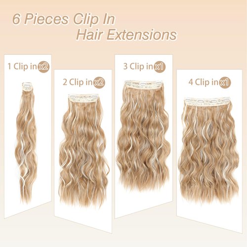 noxozoqm Clip in Hair Extensions 6 PCS Natural Soft Hair Blends Well Hair Extensions 20 Inch Strawberry Blonde Mix Bleach Blonde Long Wavy Hairpieces for Women