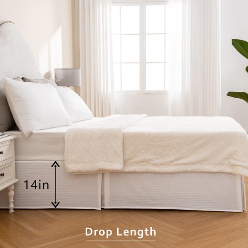 MIYE Pleated Waffle Weave Bed Skirt, Tailored Dust Ruffle 14 Inch Drop Easy Fit, Machine Washable (White, Queen - 14" Drop)