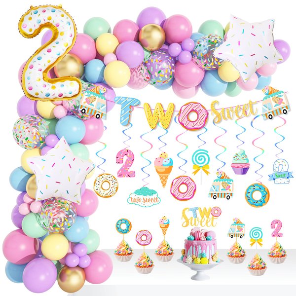 Amandir 145 Pcs Two Sweet Birthday Decorations, Donut Birthday Party Supplies for Girls Two Sweet Banner Donut Balloon Garland Kit Cake Topper Swirls for Ice Cream Baby Second 2nd Birthday Party Decor
