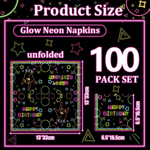 100Pcs Neon Napkins, 13 x 13 Inches Glow in The Dark Paper Napkins, Black Light Glow Party Supplies Tissue Paper for Lets Glow Crazy Party Neon Fluorescent Birthday Party Decorations