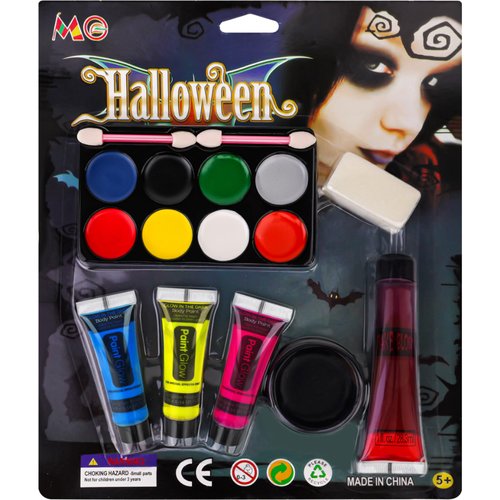 8 Colors Face & Body Paint Palette Kit + 1 Black Cream Face Body Paint + Washable Fake Blood + 3 UV Light Colors, Non-Toxic Hypoallergenic for Halloween SFX Makeup Cosplay Joker Costume Parties