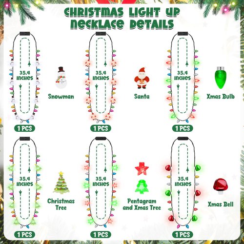 6PCS Light Up Christmas Necklace, 35.4" Christmas Accessories, Colorful Bulbs Christmas Lights Necklace, Kids Christmas Party Favors Xmas Trees Snowmen Christmas Bell Necklace Ugly Sweater Bulk