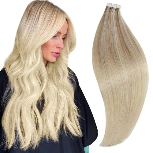 RUANTURE 22 Inch Ombre Tape in Hair Extensions Human Hair Balayage Ash Blonde Mix Light Blonde Fading to Platinum Blonde Hair Extensions Tape in Long Human Hair Tape in Extensions Silky 50g 20pcs