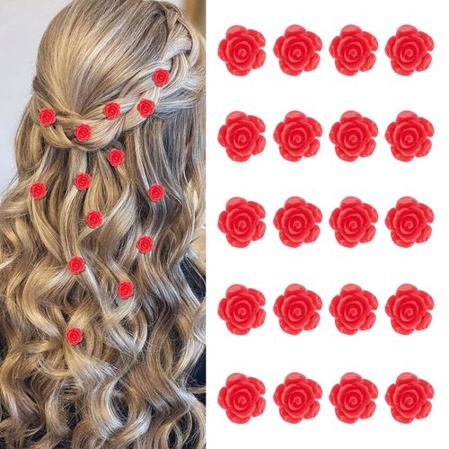 YISSION 20Pcs Mini Flower Hair Clips for Girls Women Cute Hair Pins Small Hair Clips Rose Flower Clips for Hair Wedding Hair Barrettes Bridal Hair Accessories for Girls Women Red