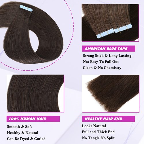 Tape in Hair Extensions Human Hair Dark Brown Straight Hair Extensions Tape in Human Hair 20 Pcs/Pack 40g Tape in Extensions Hair Extensions 12 Inch for Women （12Inch，Dark Brown，40g)