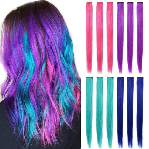 HUANLING 12PCS Colored Hair Extensions 21inch Colored Party Highlights Straight Heat-resistant Synthetic Hairpieces Clip in Halloween Hair Accessories for Women/Kids/Girls(Pink Purple Blue Teal)