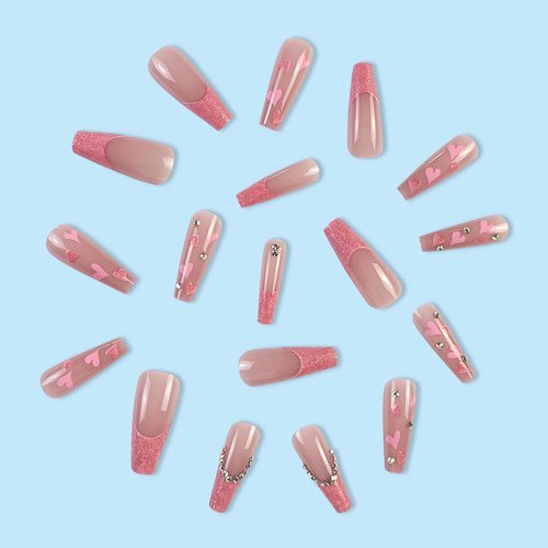 BABALAL Coffin Press on Nails Long Fake Nails Pink French Glue on Nails Shiny Rhinestone Acrylic Nails Heart Ballerina Stick on Nails 24Pcs Valentine's Day False Nails for Women and Girls