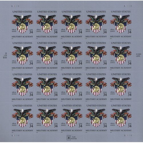 UNITED STATES MILITARY ACADEMY ~ WEST POINT #3560 Pane of 20 x 34 cents US Postage Stamps