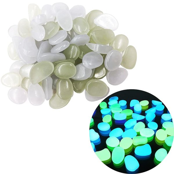 Japard Luminous Pebbles Outdoor 100 Pcs, Glowing Stones Charged by Sunshine, Room Light, for Aquarium, Fish Tank, Colorful Luminous Stones, Glow in The Dark Rocks for Garden (100, Green & White)