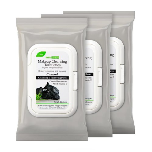 BioMiracle Charcoal Makeup Remover and Cleansing Towelettes 3 Pack/180 Towelettes - pH Balanced Removes Eyeliner, Eye-Shadow, Lipstick and Mascara
