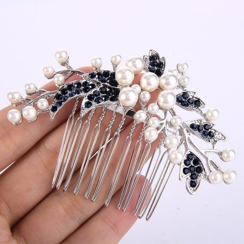 EVER FAITH Wedding Hair Accessories Austrian Crystal Simulated Pearl Floral Leaf Branch Bridal Hair Comb Blue for Bride Silver-Tone