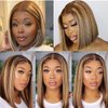 12Inch Ombre Blonde Human Hair Wig Short Bob Highlight Human Hair Wigs 4×1 T Middle Part Lace Closure Ombre P4/27 Human Hair Wig for Black Women