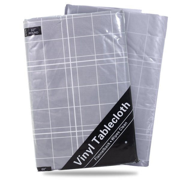 BRODER MFG. INC. White Lines Flannel Backed Vinyl Tablecloth - Gray, 60” Circle (Round) | Perfect for Picnics, Barbeques, Parties, Camping, Special Occasions, Gatherings, and Everyday Use