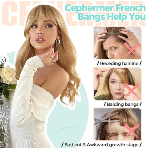 Cephermer Clip in Bangs, Synthetic French Bangs Hair Clip, Fake Bangs Fringe with Temples Hairpieces for Women Natural Curved Bangs Clip in Hair Extensions for Daily Wear Wintergreen
