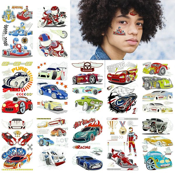 VIWIEU Racing Cars Tattoos Temporary for Teens Glow in the Dark Birthday Party Favors, 12 Sheets Luminous Sports Tattoos Waterproof Fake Body Decoration