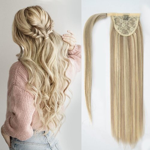 Star Show Ponytail Extension Remy Human Hair Wrap Around Ponytail Highlight Light Blonde and Bleach Blonde 18 Inch Remy Straight Human Hair Clip In Ponytail For Women #16/613(18 inch, Ombre #16/613)