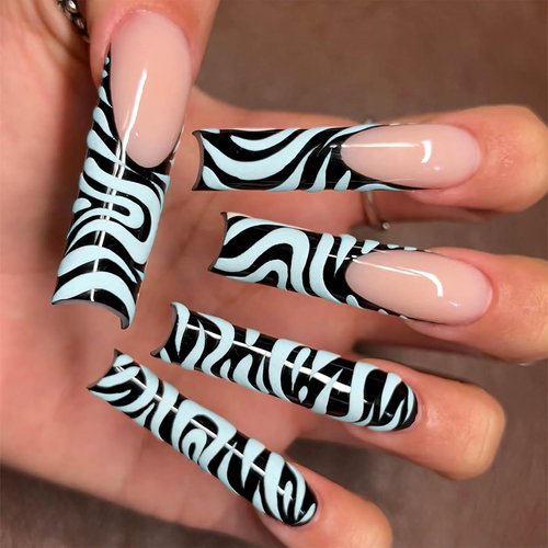 QQPPOLIU Xxl Press on Nails Press on Black Nails French Tip Press Ons with Zebra Print Designs Coffin Nails Press on Nails Nude Fake Press on Nails Gift for Women