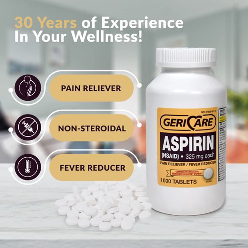 GeriCare Aspirin Tablets 325mg - Pain Reliever And Fever Reducer Uncoated Aspirins For Adults & Kids 12+ (NSAID) Great For Headache, Toothache, Arthritis, Menstrual & Muscle Pain (Bottle of 1,000)