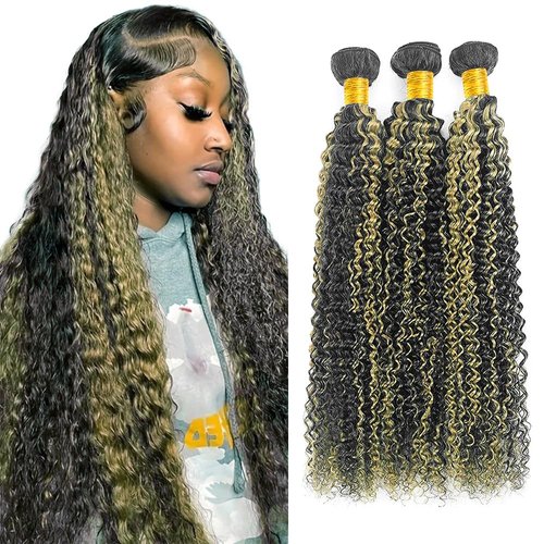 Niciitysi P1B/27 Kinky Curly Bundles Highlight Human Hair Bundles Honey Blonde Curly Wave Bundles 24 26 28 inch Double Weft Brazilian Virgin Remy Hair Extensions Two Tone Black and Blonde Bundles