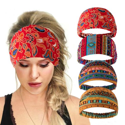 Pemilosci Wide Headbands for Women for Girls Non Slip Elastic Sweat Band for Women, Trendy Head Bands, Classy Head Band, Boho Headbands for Exercise, Running Sport & Yoga (Boho 4pcs A)