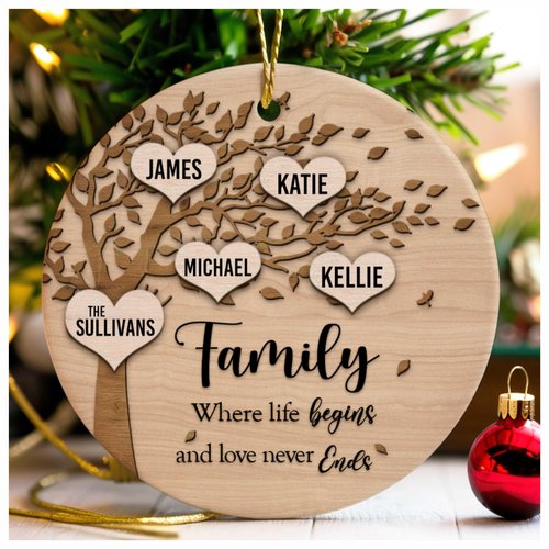 Family Where Life Begins and Never Ends Personalized 3 Inch Ceramic Christmas Ornament With Gift Box (4 Names)