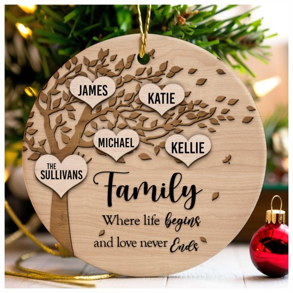 Family Where Life Begins and Never Ends Personalized 3 Inch Ceramic Christmas Ornament With Gift Box (4 Names)