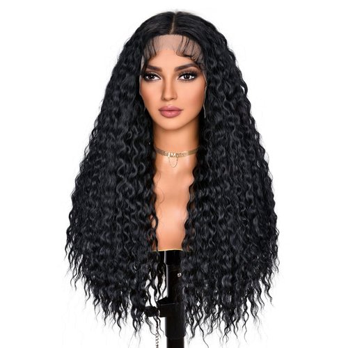 ANNISOUL Black Long Curly Lace Front Wigs for Black Women Deep Wave Lace Front Wig 13x4 HD Transparent Lace Water Wave Frontal Wig Glueless Synthetic Hair Pre Plucked with Baby Hair Natural Hairline