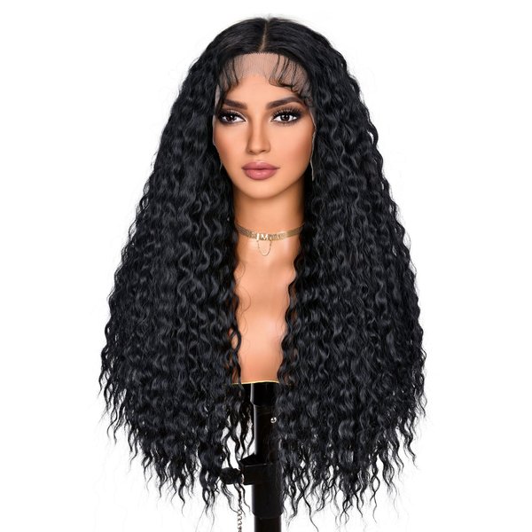 ANNISOUL Black Long Curly Lace Front Wigs for Black Women Deep Wave Lace Front Wig 13x4 HD Transparent Lace Water Wave Frontal Wig Glueless Synthetic Hair Pre Plucked with Baby Hair Natural Hairline