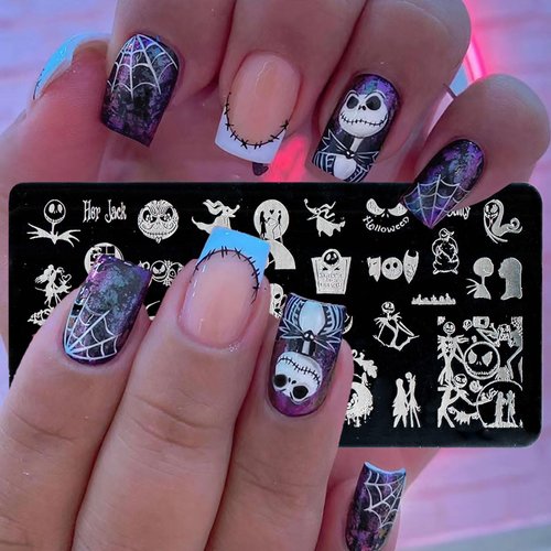 Halloween Nail Stamping Plate Nightmare Before Christmas Nails Stamping Kit The Day of Dead Ghost Holiday Nail Stamping Plate Halloween Nail Stamper Kit for Women Girls DIY Salon