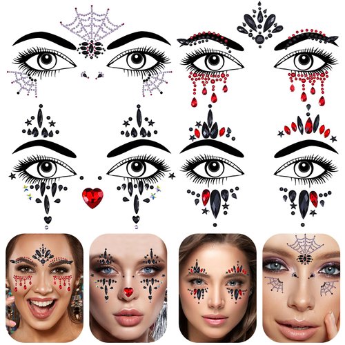 GEEHUA 4 Sheets Halloween Face Gems Stick On, Self Adhesive Face Jewels Rhinestone Crystals Stickers Eyes Body Temporary Tattoos for Halloween Festival Carnival Party Decoration