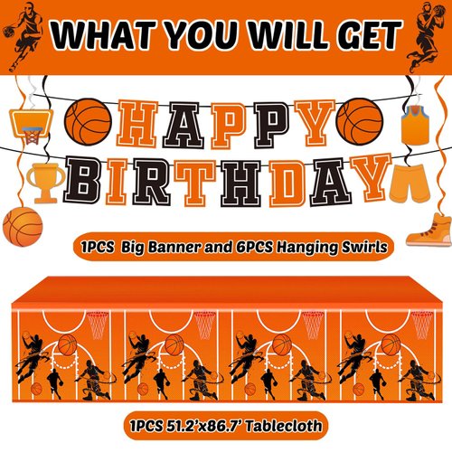 Basketball Birthday Party Decorations, Basketball Birthday Party Supplies Including Banner, Hanging Swirls, Foil Balloons, Latex Balloons, Cake Toppers, Backdrop and Tablecloth