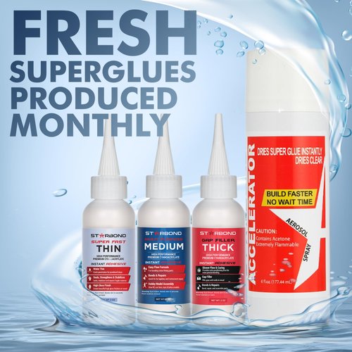 Starbond 2 oz. Thin, Medium, Thick CA Glue with 6 oz. Activator Bundle (Premium Cyanoacrylate Super Glue) for Quick Glue-ups. Woodworking, Woodturning, Hobby Models, 3D Printing