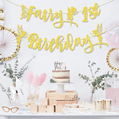 Ushinemi Pre-Strung Fairy First Birthday Decorations, NO DIY Gold Glitter Fairy Birthday Party Banner 1st Fairy Theme Party Supplies
