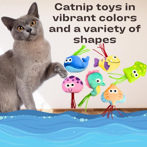 Interactive Catnip Toys for Indoor Cats Set of 6 Soft and Durable Stuffed Sea Animal Plush Toys, Crinkle Sound Cat Kicker Toys, Perfect for Promoting Kitten Exercise and Ideal Gifts for Cat Lovers