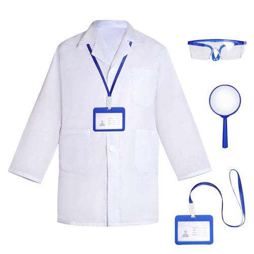 mifengda Doctor Scientist Costume Kids Lab Coat and Goggles Children Dress Up Kit with ID Card Magnifying Glass for Halloween (XS, Blue)