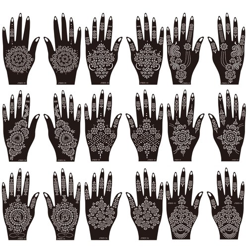 18 Sheets Henna Stencils Henna Tattoo Stencil Kit, for Hands - Indian and Arabian Temporary Tattoo Templates for Hand and Body Art