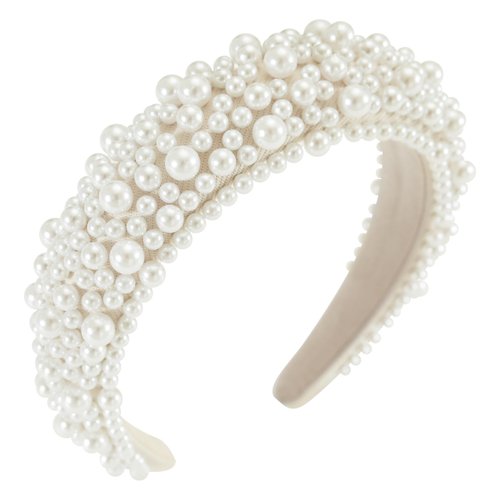 Gmmidea Padded Pearl Headband Thick Beaded Headbands for Women Non Slip Fancy Puffy Headband Pearl Headpiece for Bride Wedding Hairband Hair Accessories Gift B-Beige