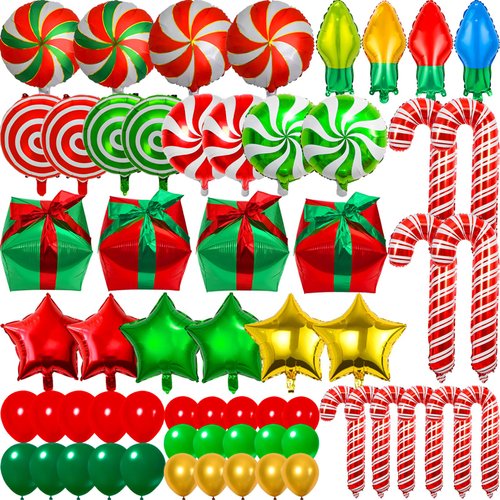 64 Pcs Christmas Foil Balloons Decoration Set,Candy Cane Gift Box Swirl Mylar Christmas Party Balloons,Red Green Balloons for Christmas New Year Candies Xmas Theme Party Decorations