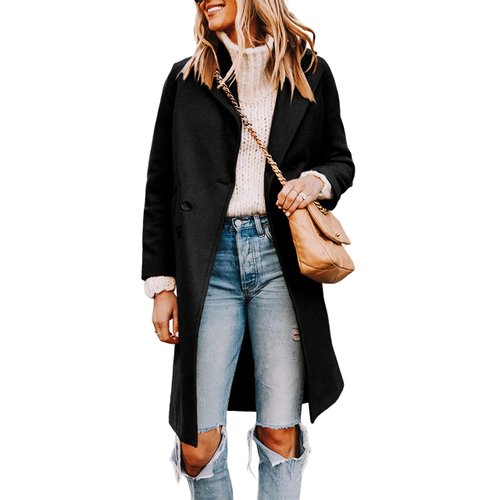 Tanming Women's Notch Lapel Double Breasted Wool Blend Mid Long Pea Trench Coat (Black-L)