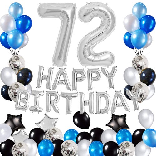 Risehy 72nd birthday Decorations Birthday Party Supplies Set- Foil Happy Birthday Banner Foil Balloons Number 72 and Star Shape Balloons 47 pcs Latex balloons Silvery and Blue