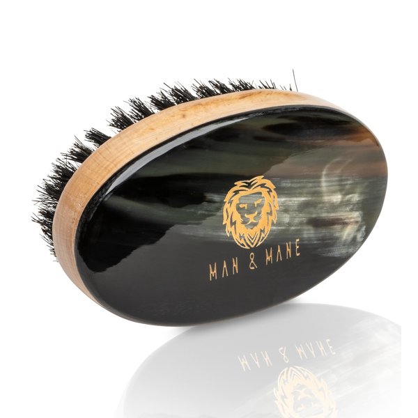 Man & Mane Premium Handmade Oxhorn & Beechwood Military Style Medium Stiff Natural Boar Bristle Men’s Hair Brush for Facial Hair & Beard Care