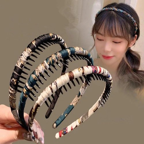 Xiaocao8 Fashion Non-slip Headbands for Women, Floral Fabric Hair Accessories, Adult Hair Band, Women's Resin Comb with Teeth, 3PCS Womens Hair Hoop