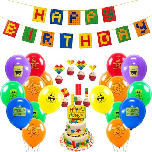 SUNBEAUTY 29 Pcs Building Block Party Decorations Brick and Block Birthday Banner Latex Balloons Cake Toppers Baby Boy Toddler Kids Birthday Decoration