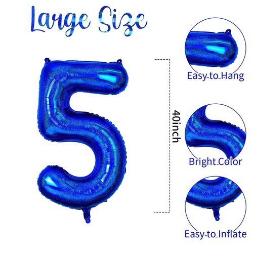 Number 5 Balloon 40 inch, Dark Blue Big Number Balloon, Giant Foil 5 Balloons Number, Helium 5th Birthday Balloons for Kids Boys Girls Birthday Party Decorations Wedding Anniversary Event Supplies