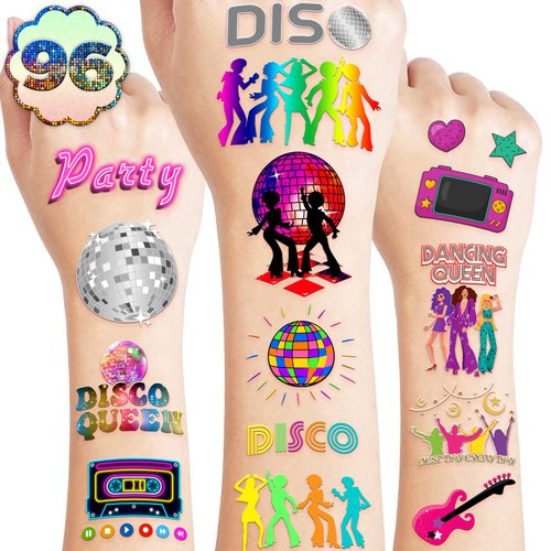 8 Sheets (96PCS) Disco Temporary Tattoos Birthday Party Decorations Supplies Tattoos Stickers Cute Party Favors Kids Girls Boys Gifts Classroom School Prizes Themed